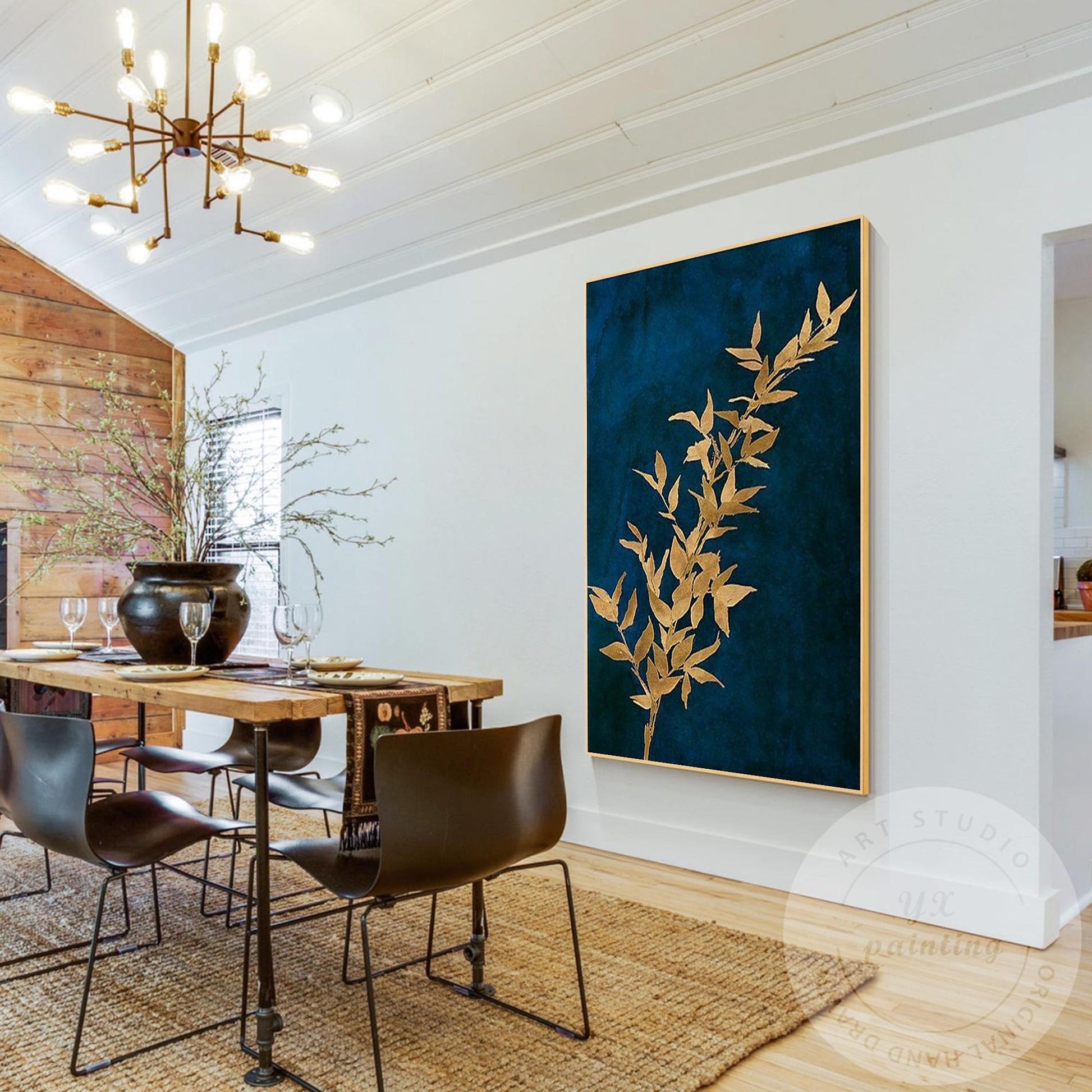 Navy Blue Golden Leaf Abstract Canvas Painting, Blue and Gold Wall Art #2