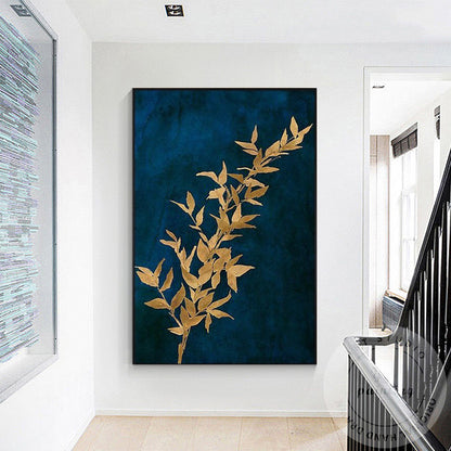 Navy Blue Golden Leaf Abstract Canvas Painting, Blue and Gold Wall Art #3