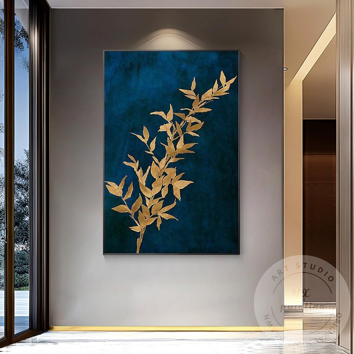 Navy Blue Golden Leaf Abstract Canvas Painting, Blue and Gold Wall Art #4