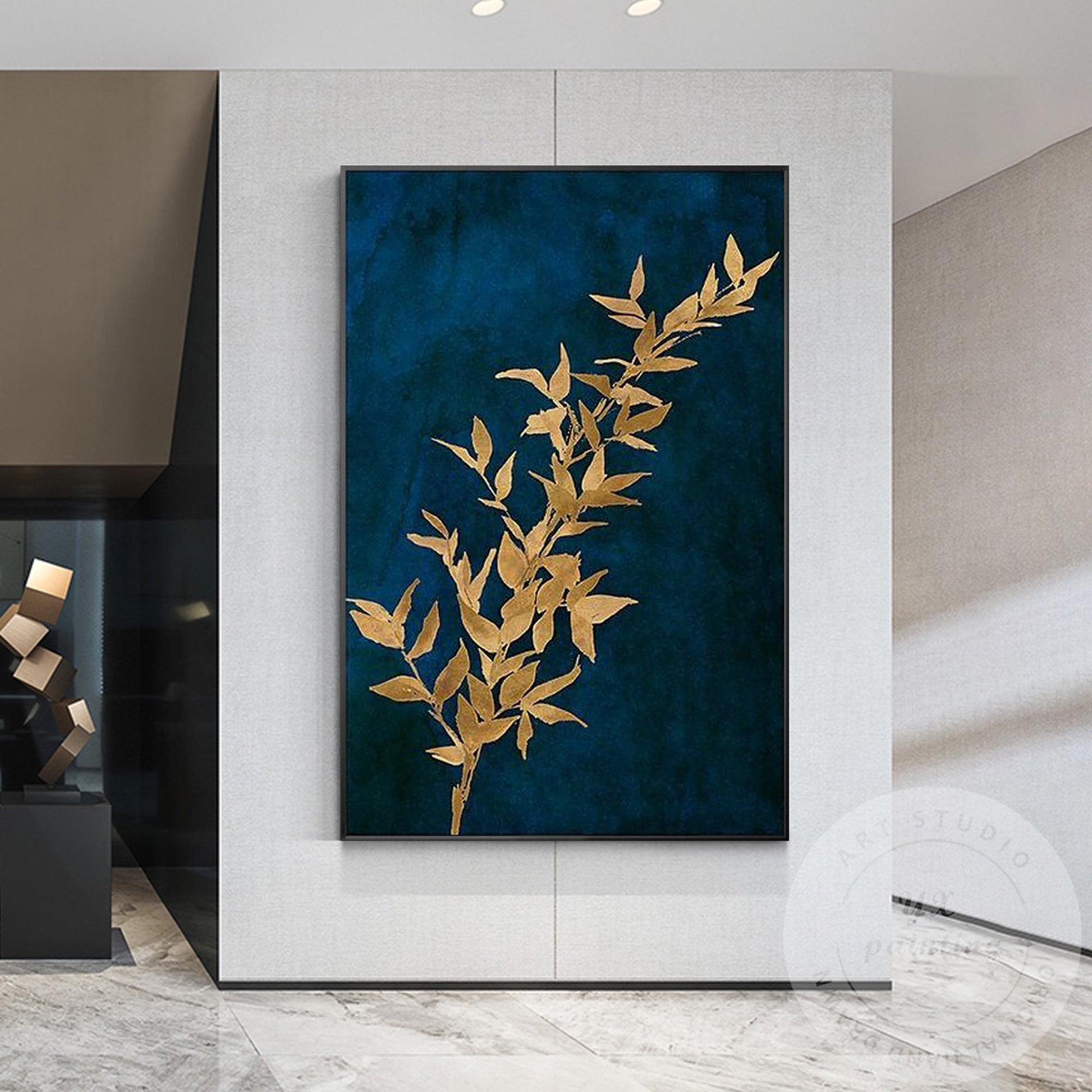 Navy Blue Golden Leaf Abstract Canvas Painting, Blue and Gold Wall Art #5
