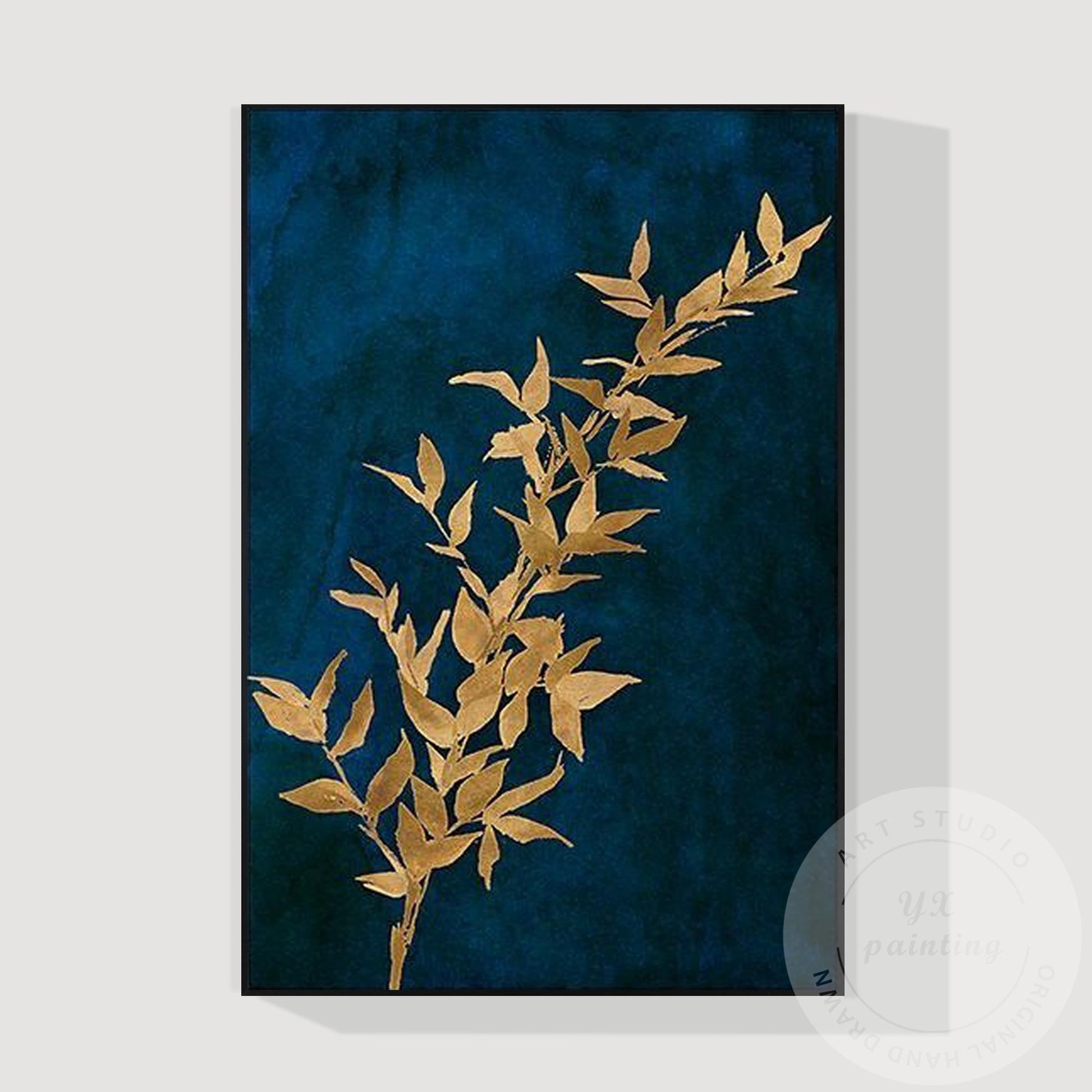 Navy Blue Golden Leaf Abstract Canvas Painting, Blue and Gold Wall Art #7