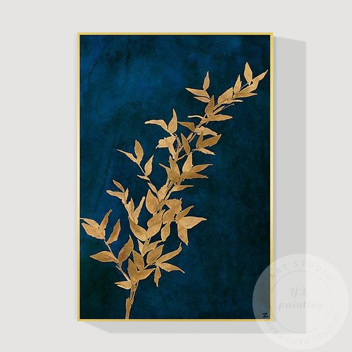 Navy Blue Golden Leaf Abstract Canvas Painting, Blue and Gold Wall Art #9
