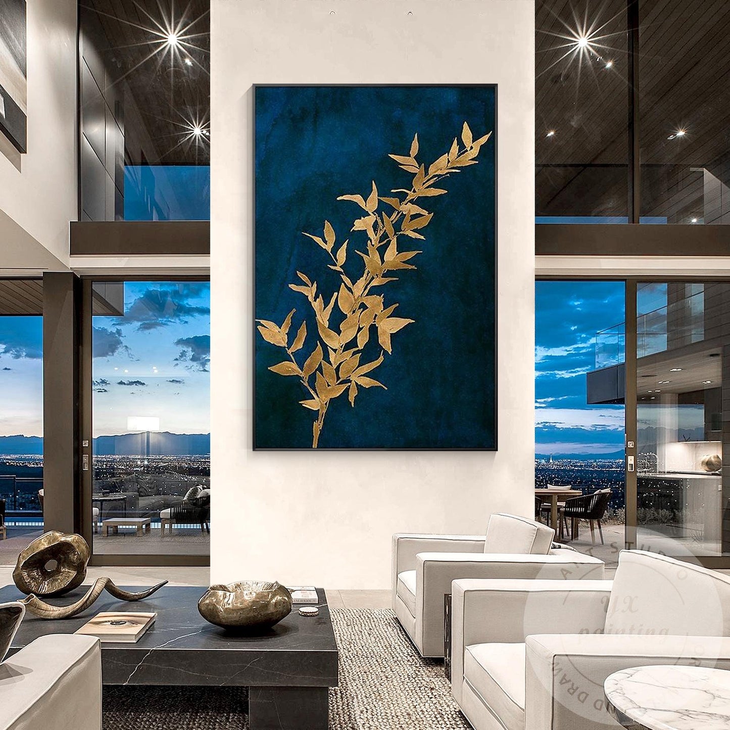 Navy Blue Golden Leaf Abstract Canvas Painting, Blue and Gold Wall Art #1