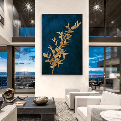 Navy Blue Golden Leaf Abstract Canvas Painting, Blue and Gold Wall Art #1