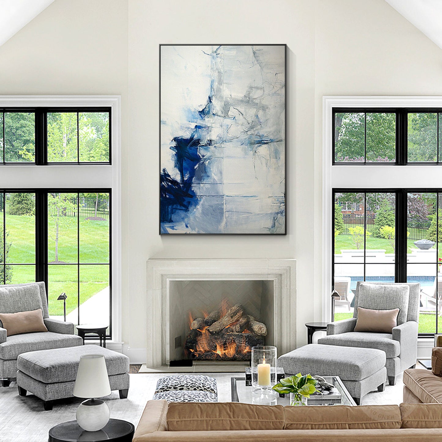 Navy Blue Grey, Minimalist Abstract Painting on Canvas, Livingroom Huge Extra La #3