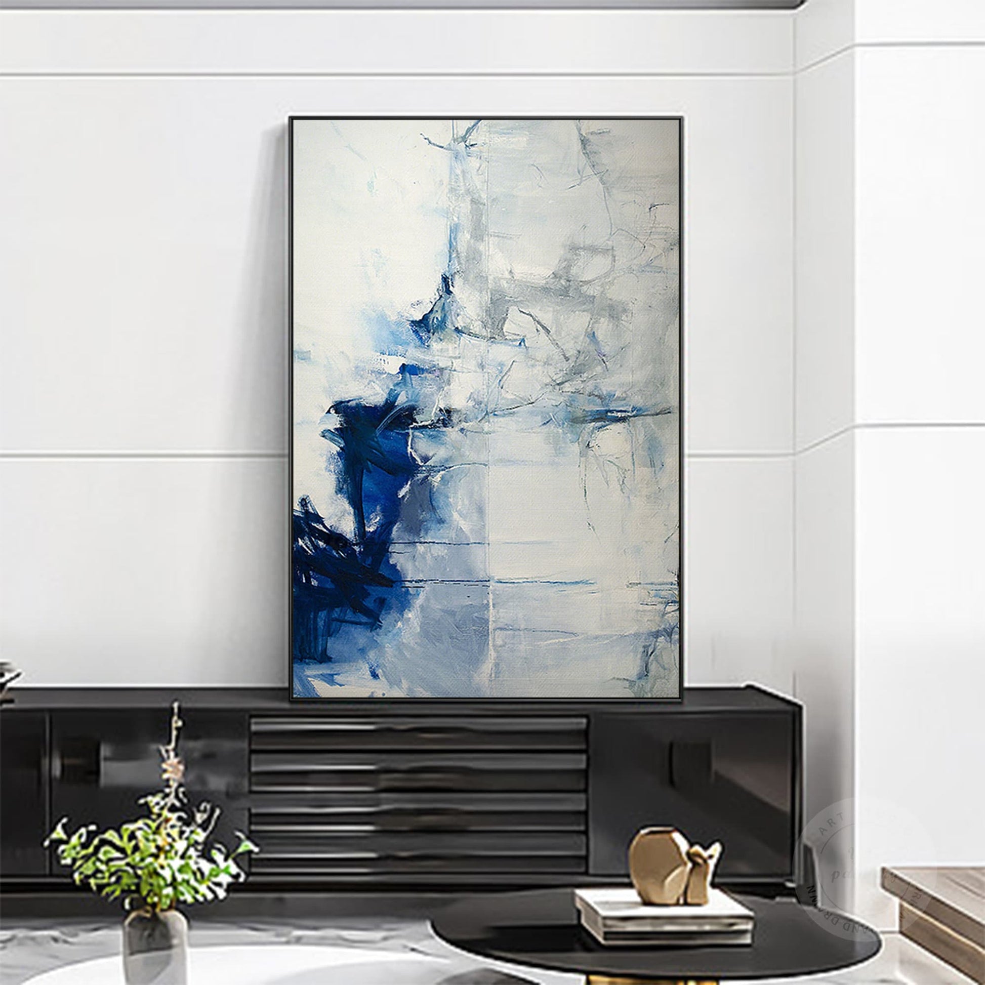 Navy Blue Grey, Minimalist Abstract Painting on Canvas, Livingroom Huge Extra La #4
