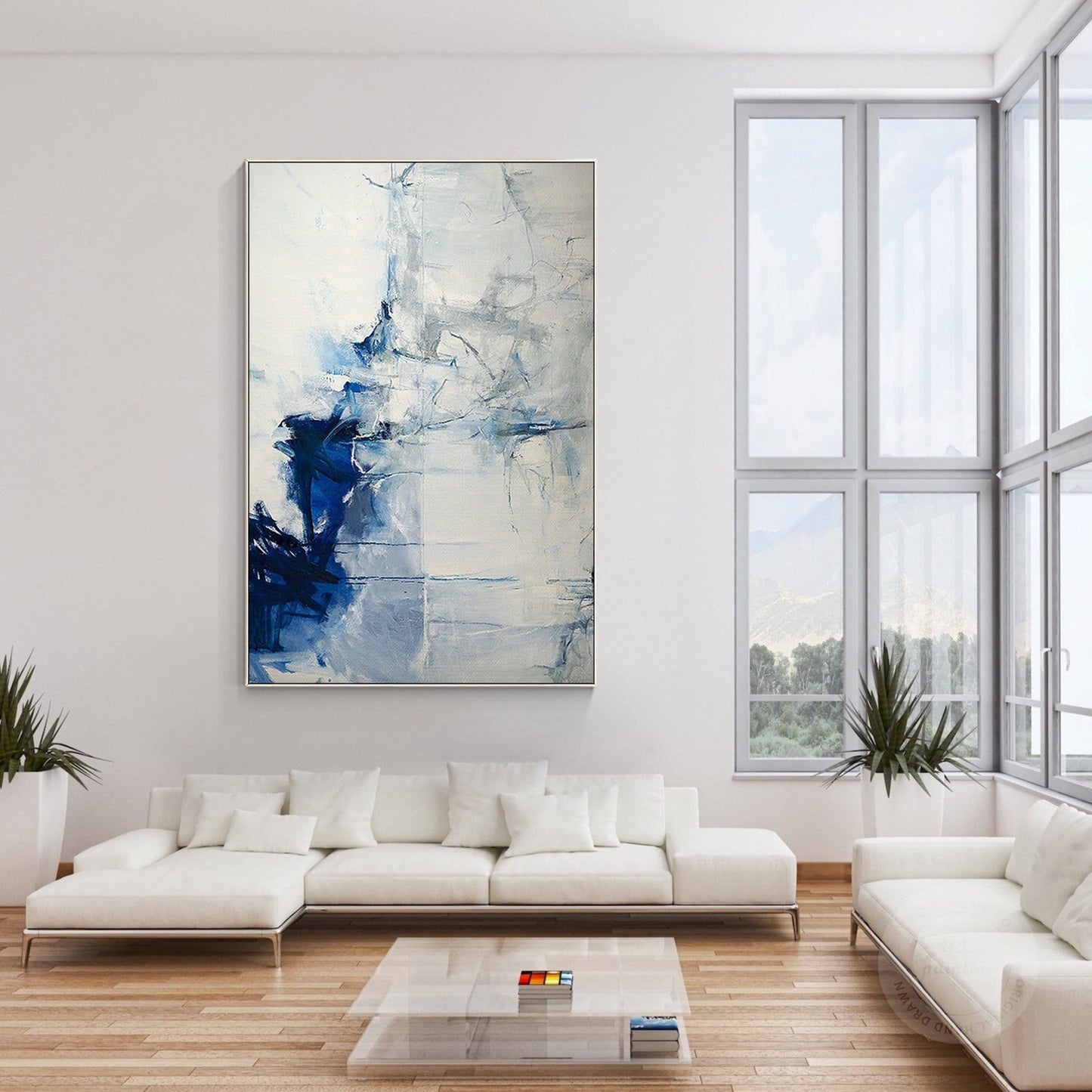 Navy Blue Grey, Minimalist Abstract Painting on Canvas, Livingroom Huge Extra La #1