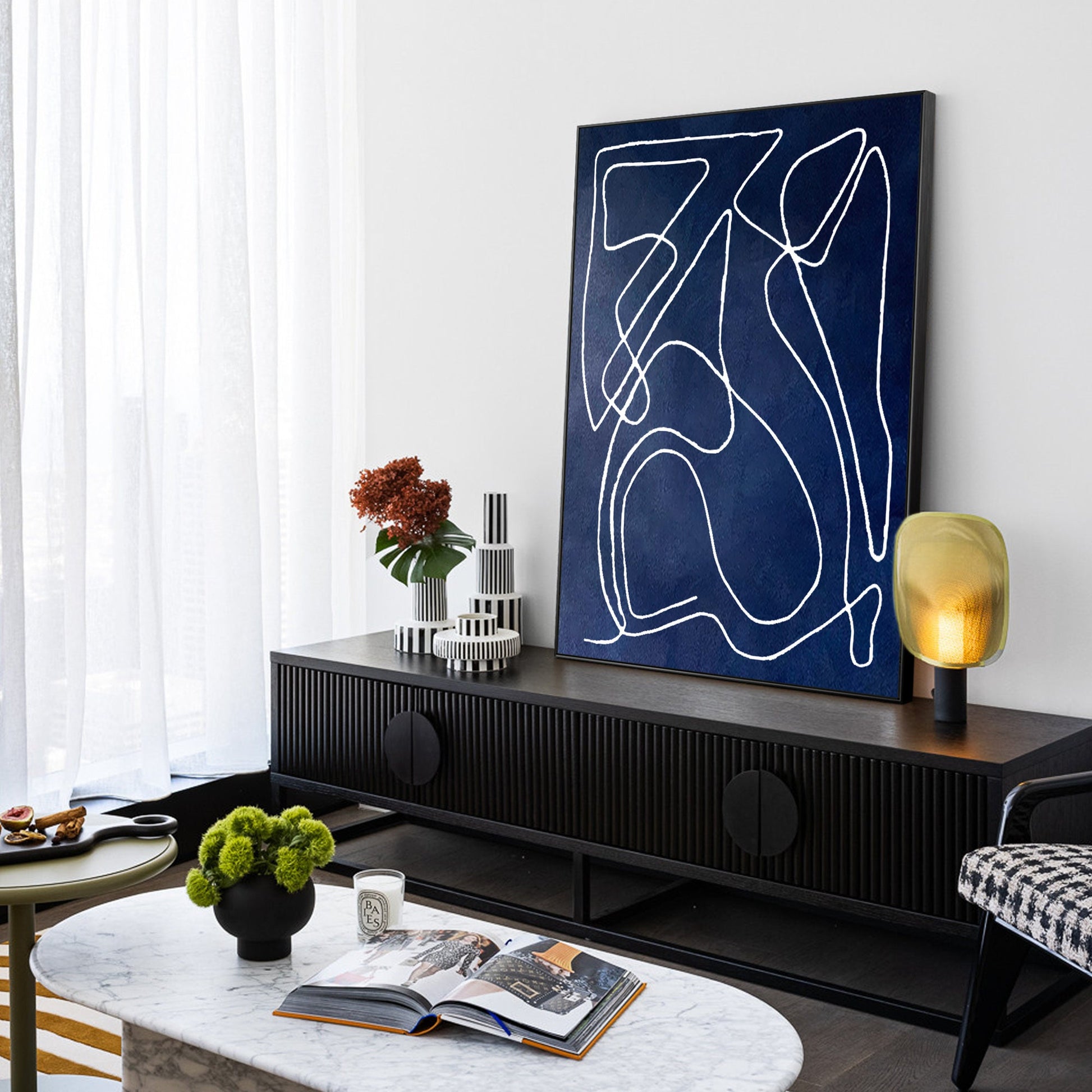 Navy Blue Minimalist Painting: Extra Large Abstract Canvas Wall Art #4