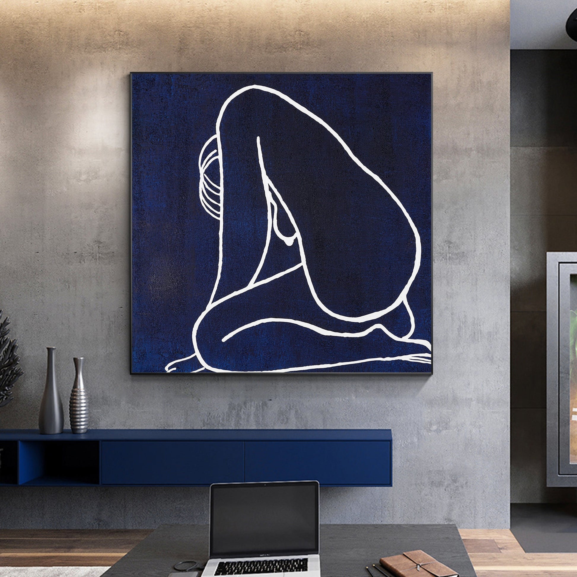 Navy Blue Nude Woman Painting Minimalist Painting, Original Painting On Canvas,  #1