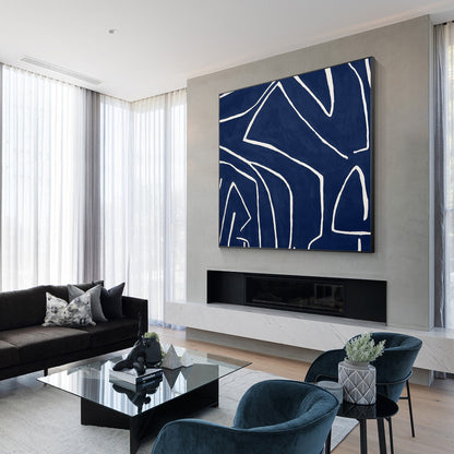 Navy Blue One Line Abstract Painting: Minimalist Framed Canvas Wall Art #2