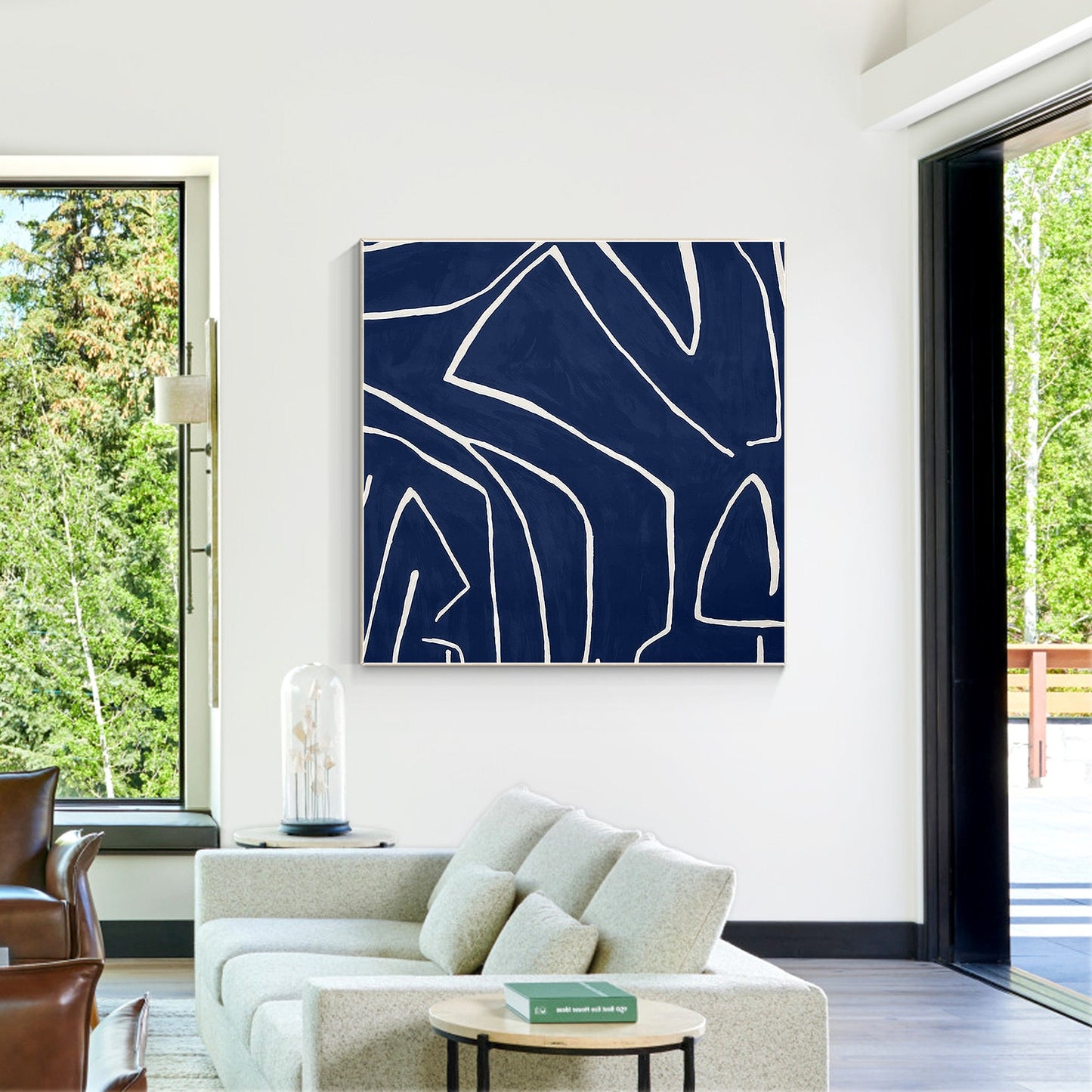 Navy Blue One Line Abstract Painting: Minimalist Framed Canvas Wall Art #3