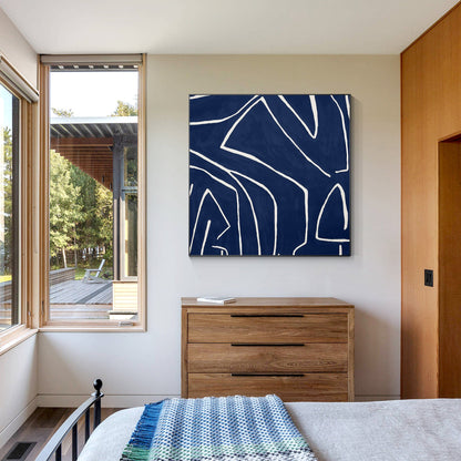 Navy Blue One Line Abstract Painting: Minimalist Framed Canvas Wall Art #4