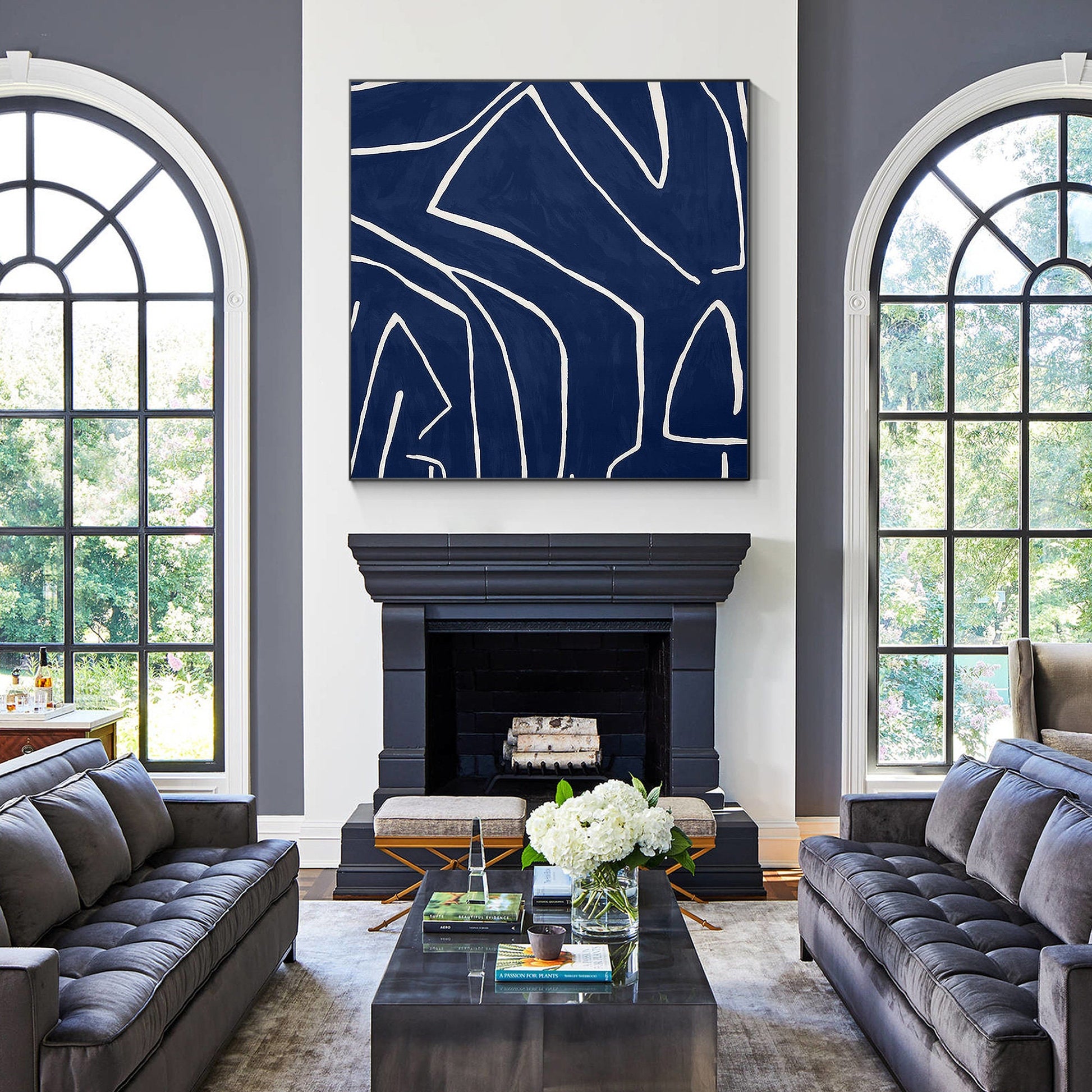 Navy Blue One Line Abstract Painting: Minimalist Framed Canvas Wall Art #5