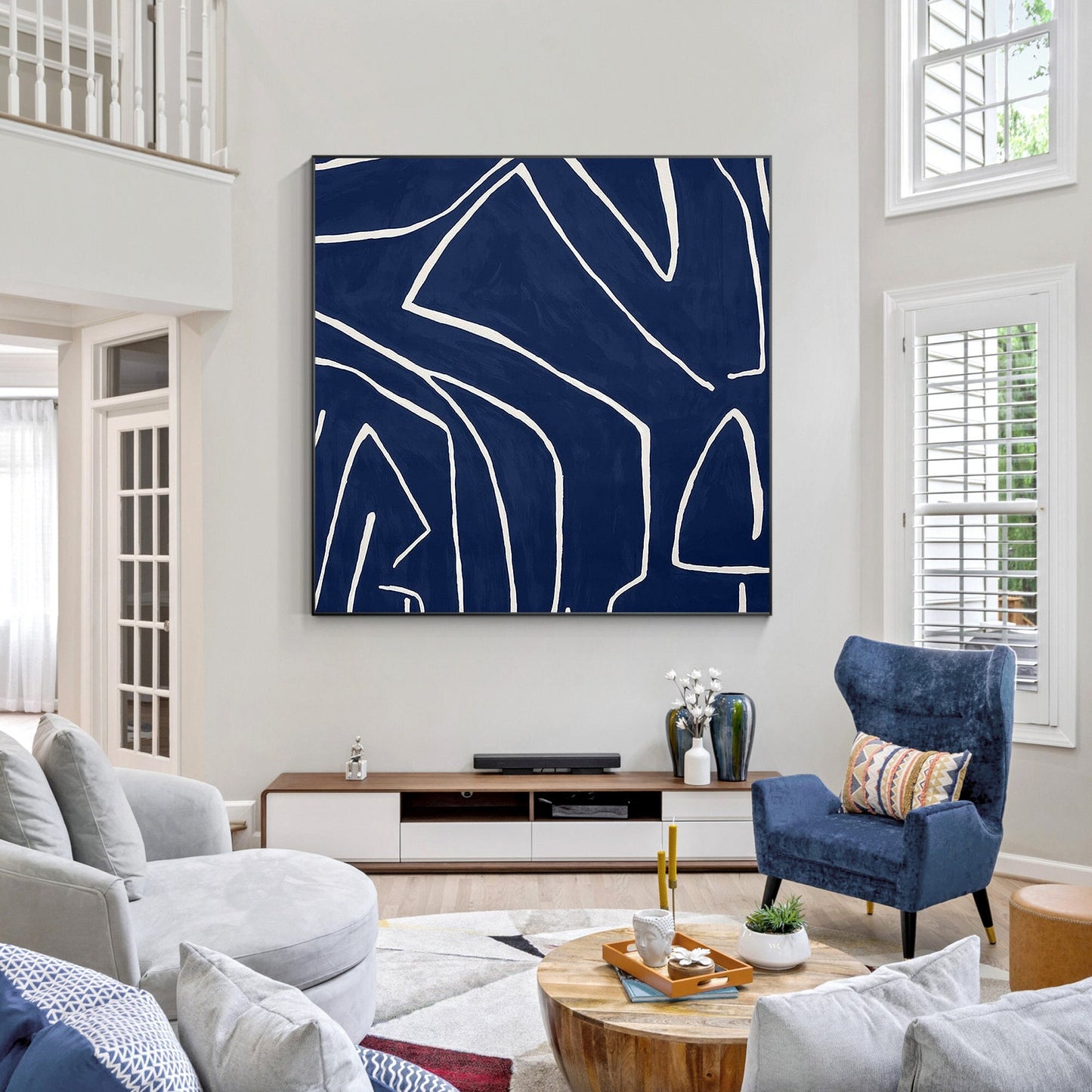 Navy Blue One Line Abstract Painting: Minimalist Framed Canvas Wall Art #1
