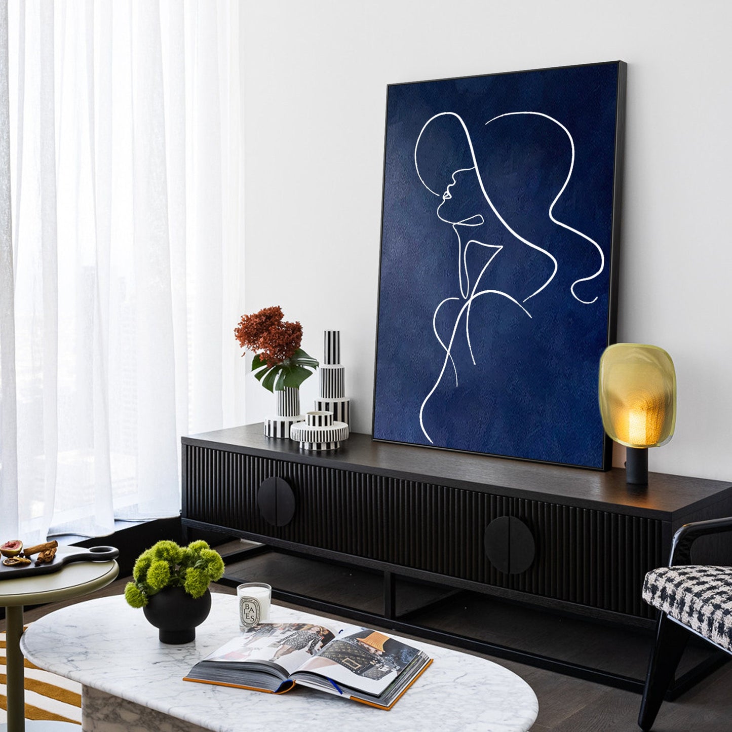 Navy Blue One Line Art Woman Painting: Minimalist Framed Canvas #2