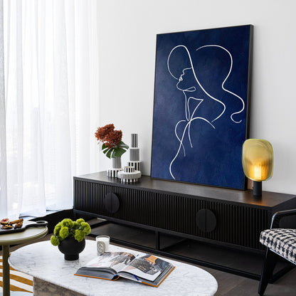 Navy Blue One Line Art Woman Painting: Minimalist Framed Canvas #2