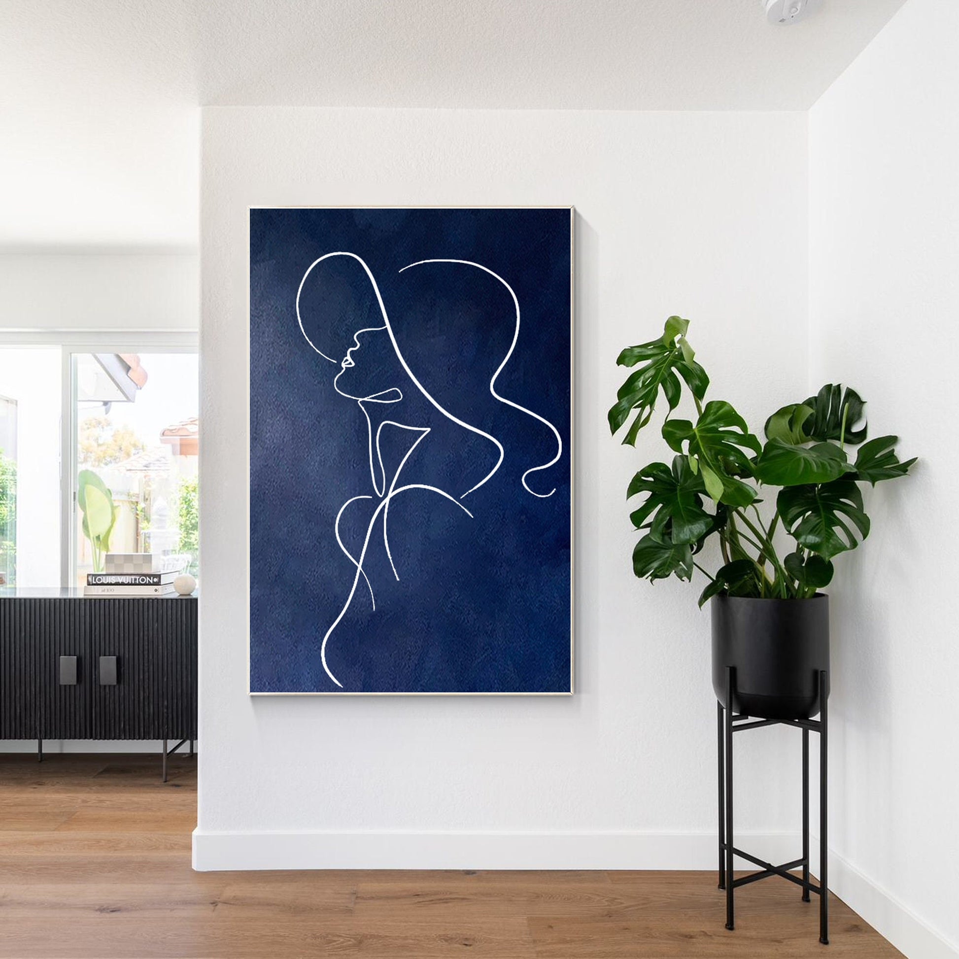 Navy Blue One Line Art Woman Painting: Minimalist Framed Canvas #4