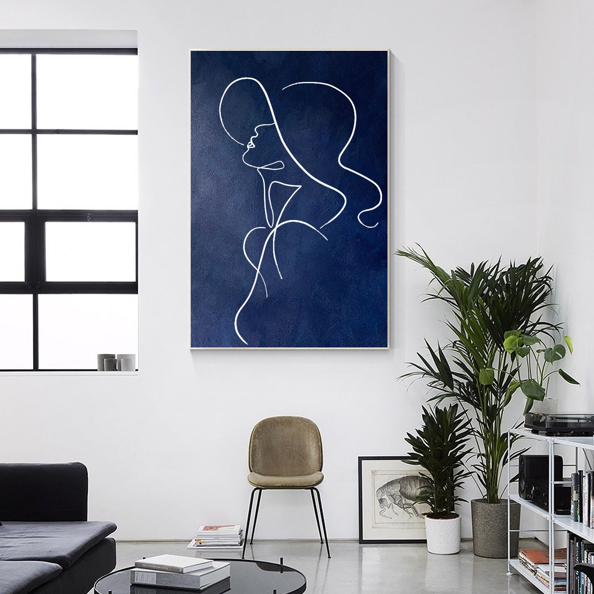 Navy Blue One Line Art Woman Painting: Minimalist Framed Canvas #5