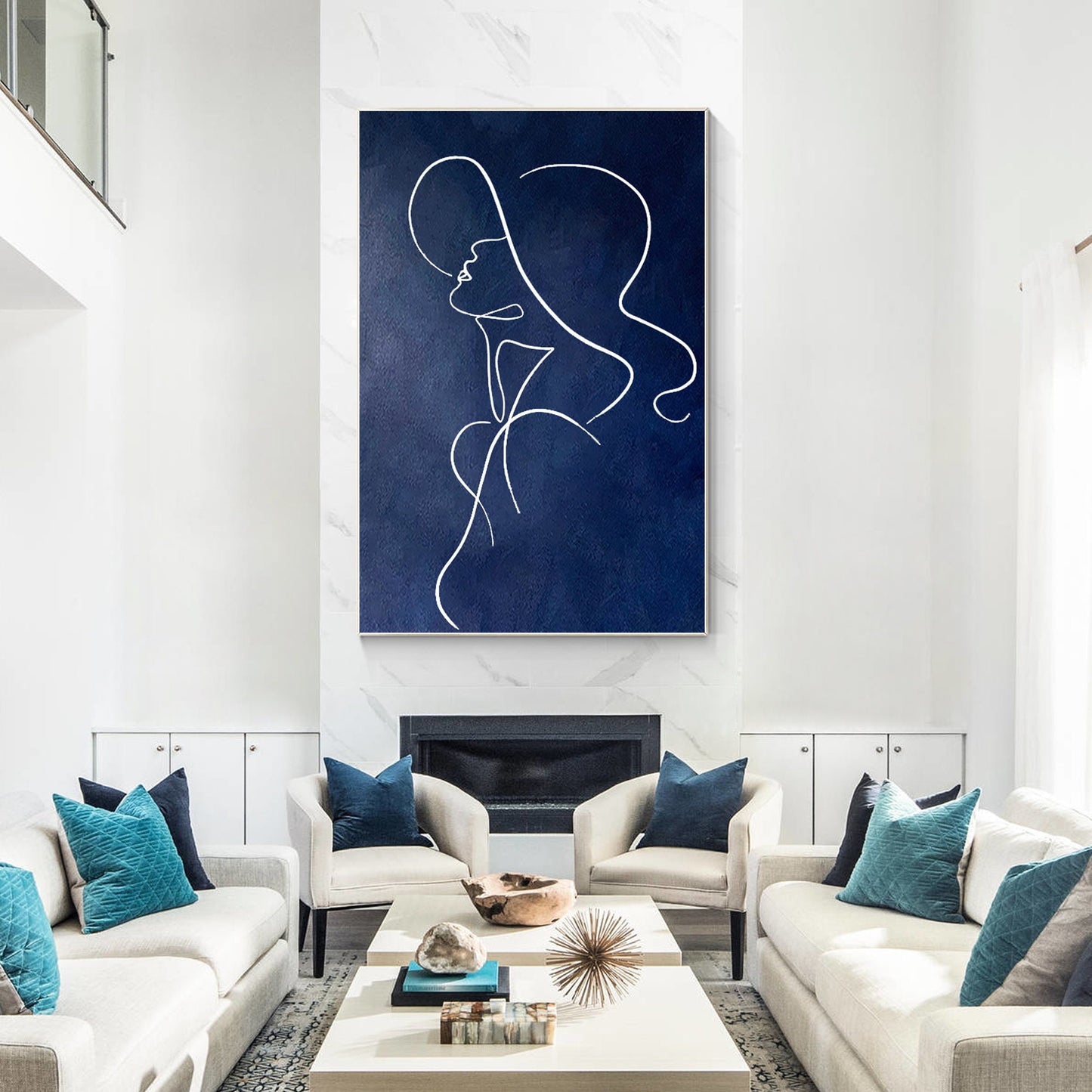 Navy Blue One Line Art Woman Painting: Minimalist Framed Canvas #6
