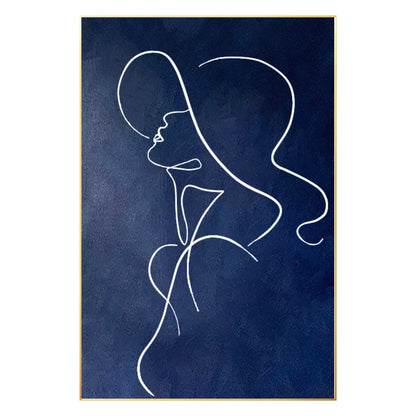 Navy Blue One Line Art Woman Painting: Minimalist Framed Canvas #9