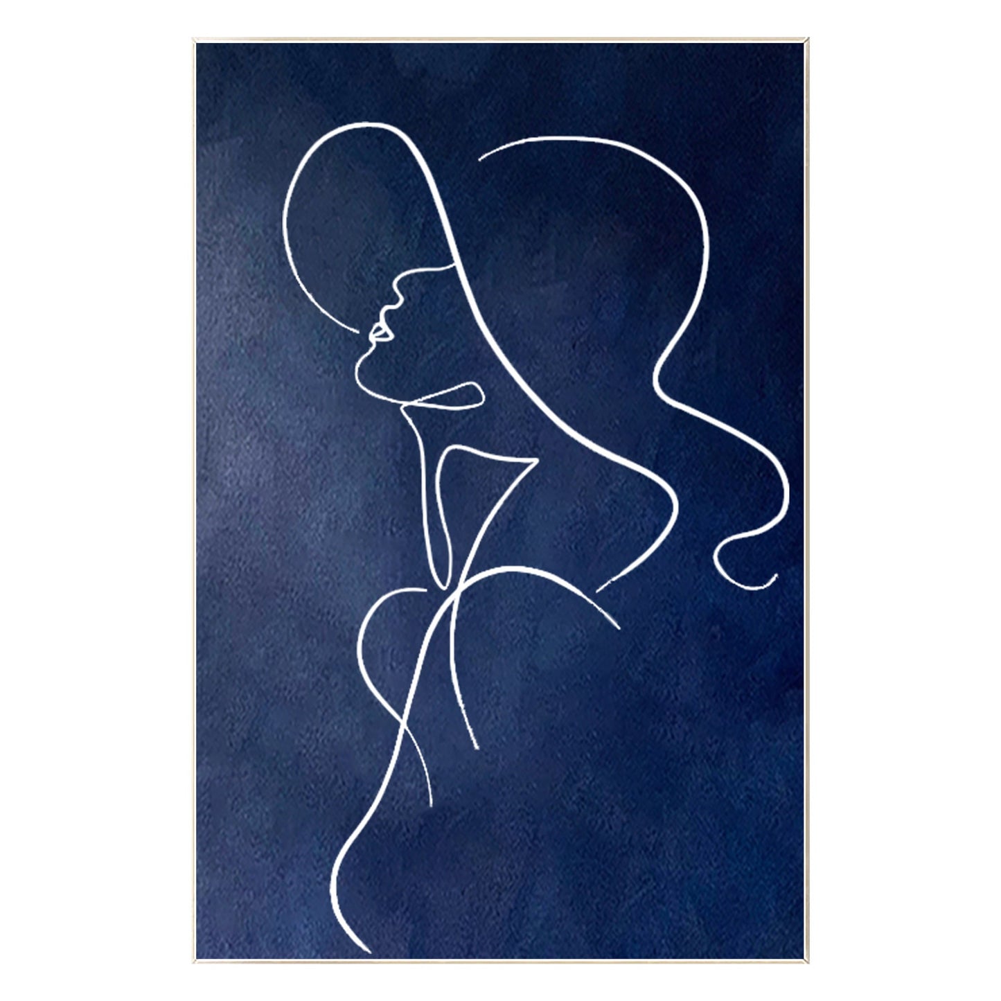 Navy Blue One Line Art Woman Painting: Minimalist Framed Canvas #10