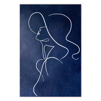 Navy Blue One Line Art Woman Painting: Minimalist Framed Canvas #10