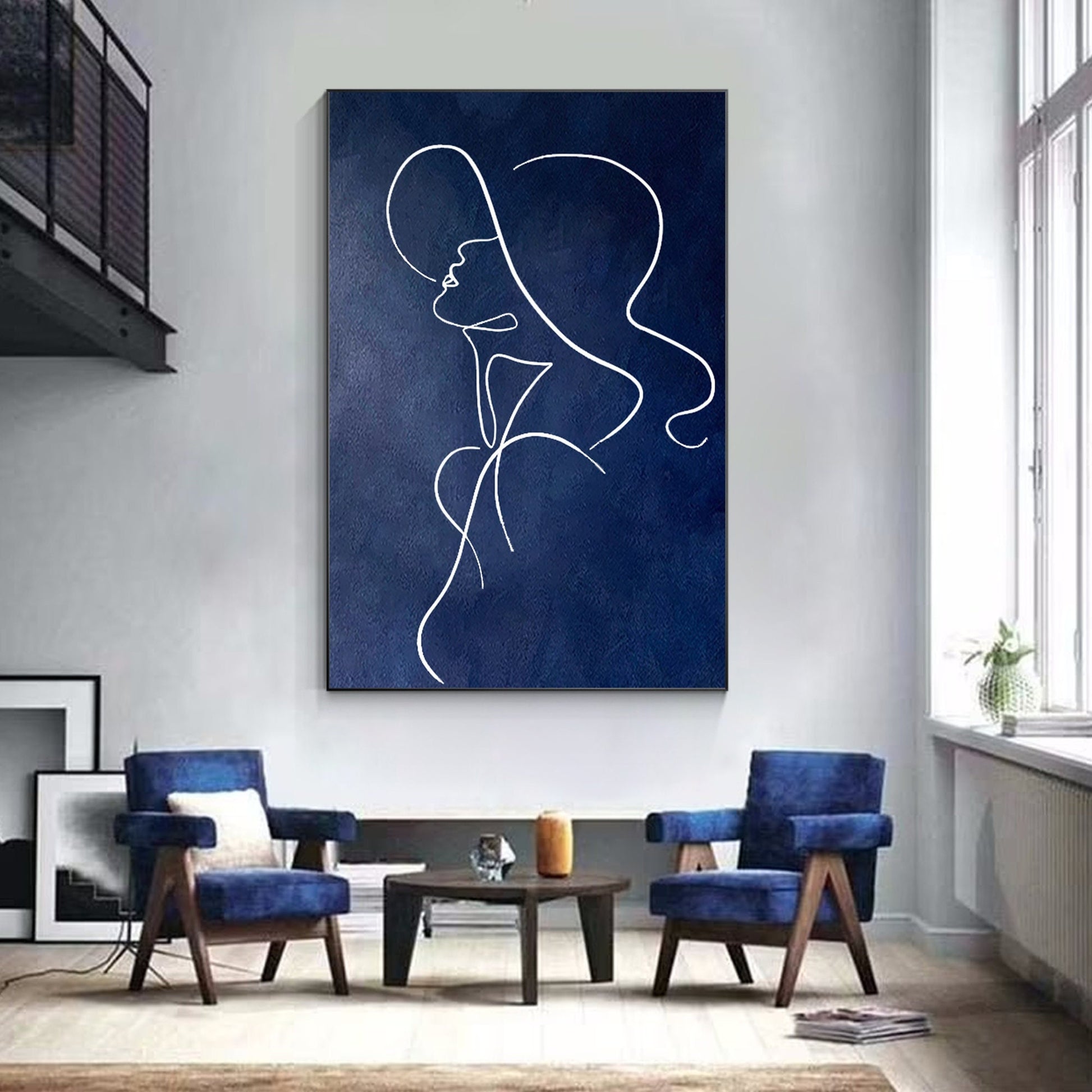 Navy Blue One Line Art Woman Painting: Minimalist Framed Canvas #1