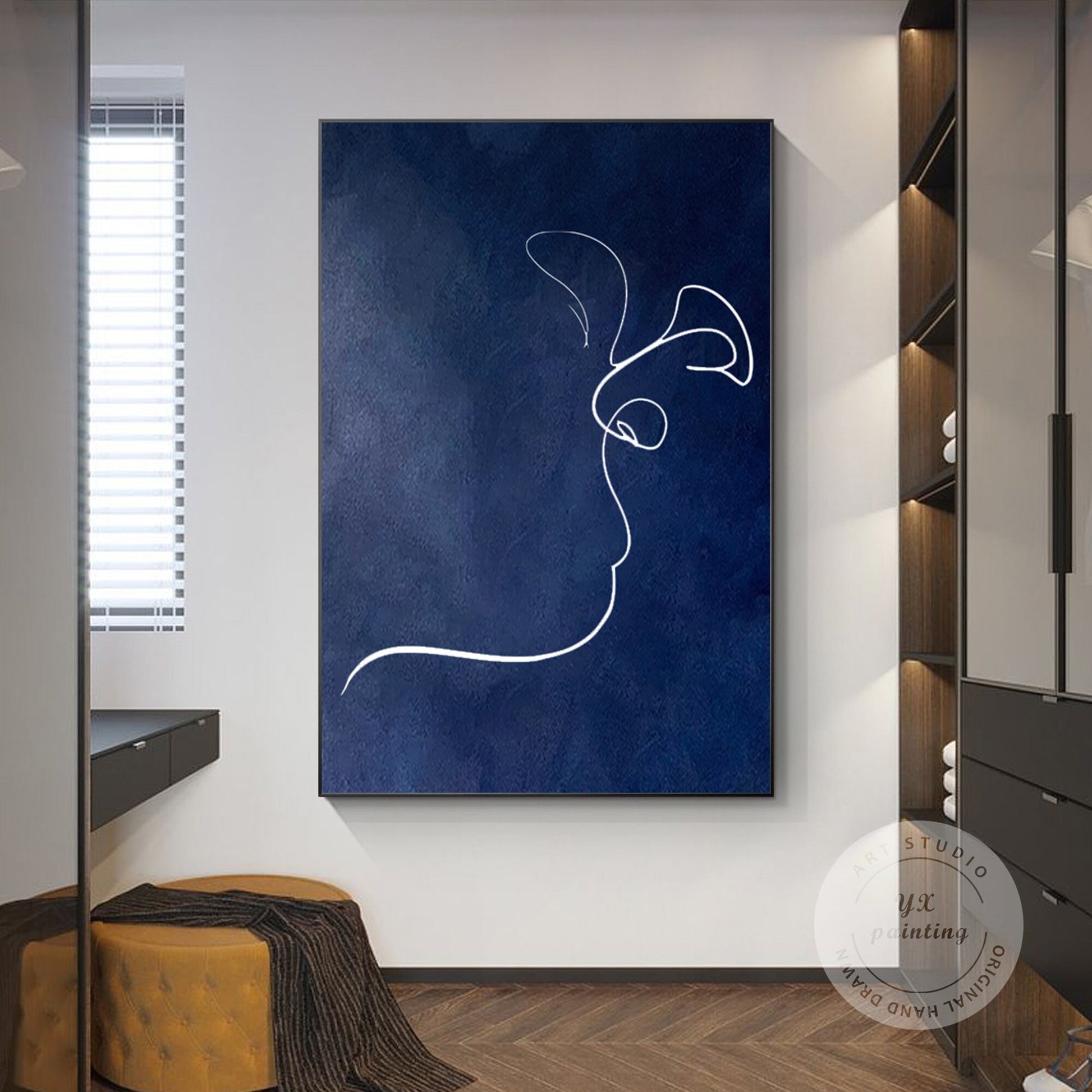 Navy Blue Picasso Kiss Line Art: Minimalist Framed Canvas Painting #2