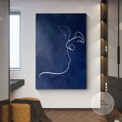 Navy Blue Picasso Kiss Line Art: Minimalist Framed Canvas Painting #2