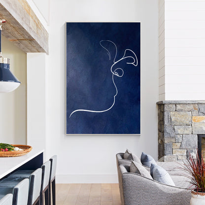 Navy Blue Picasso Kiss Line Art: Minimalist Framed Canvas Painting #3