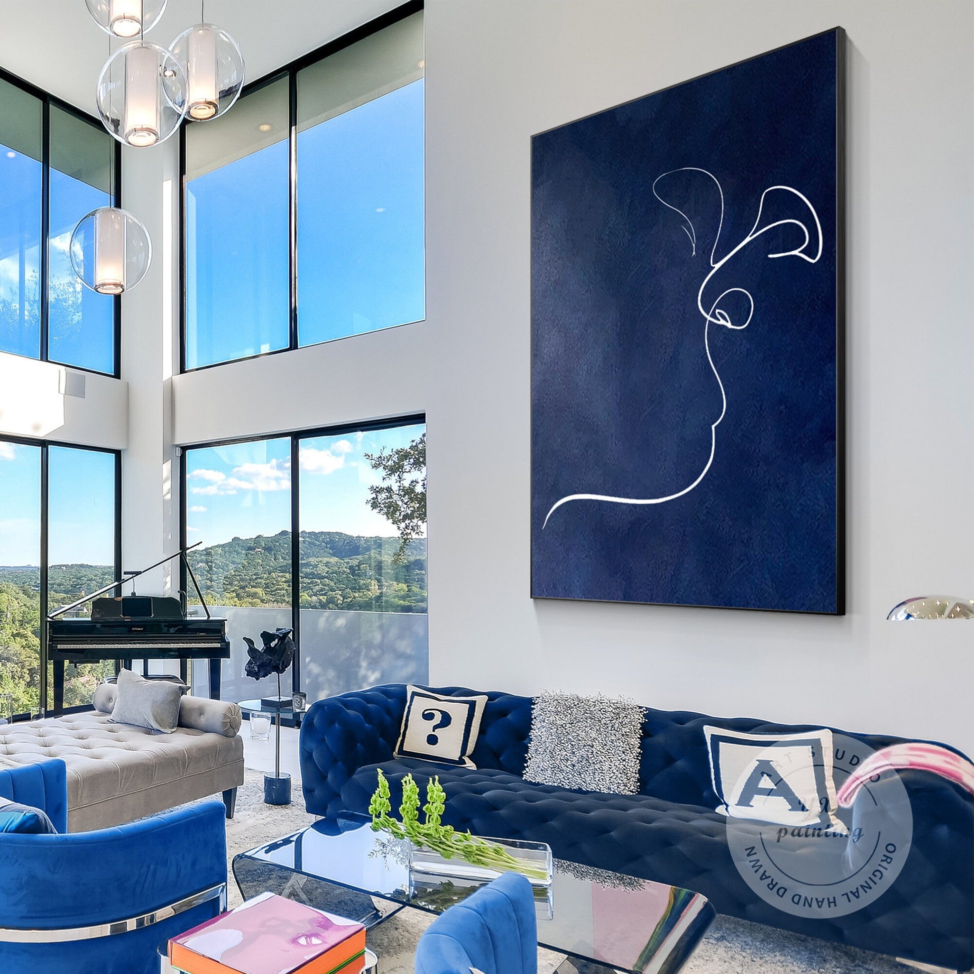 Navy Blue Picasso Kiss Line Art: Minimalist Framed Canvas Painting #4