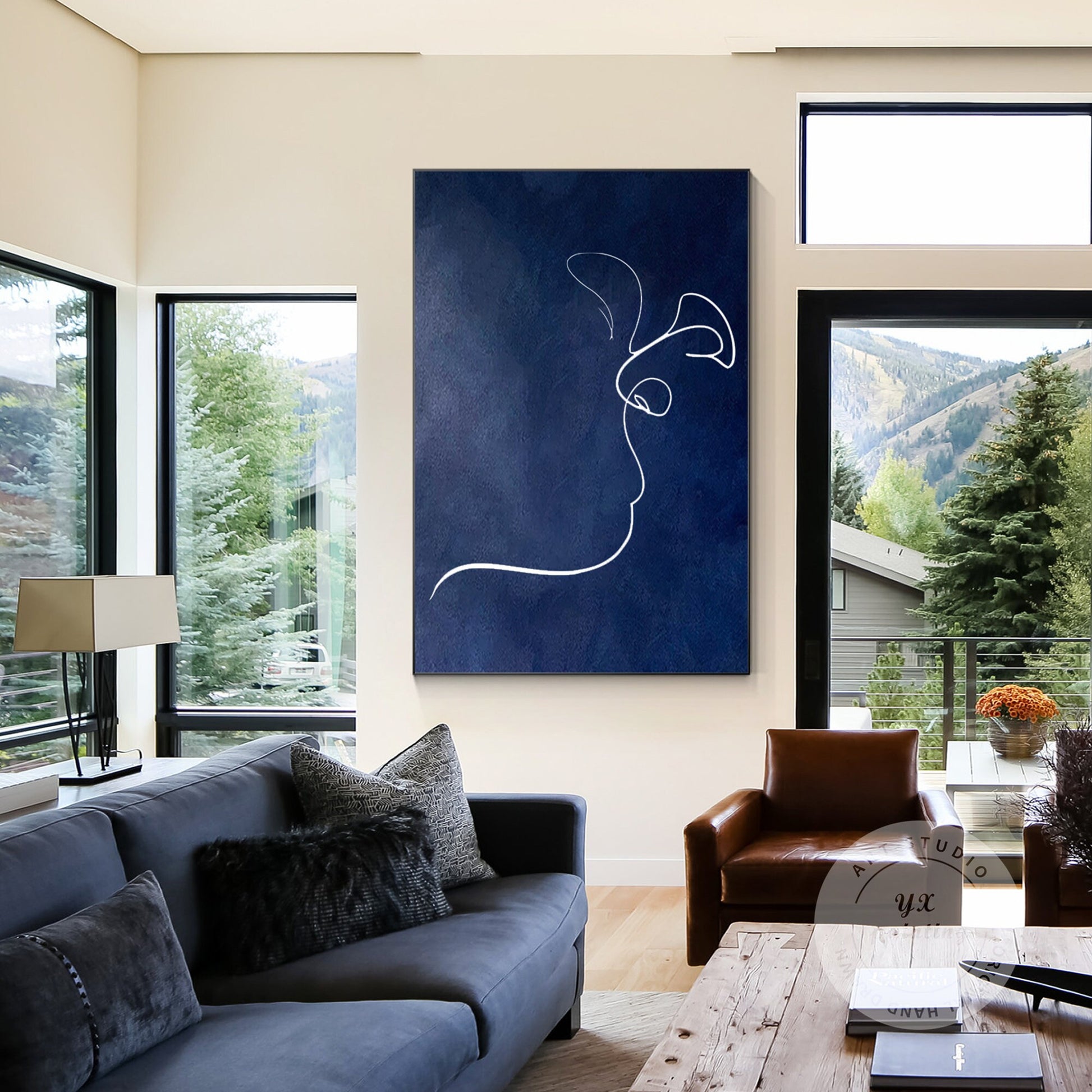 Navy Blue Picasso Kiss Line Art: Minimalist Framed Canvas Painting #5