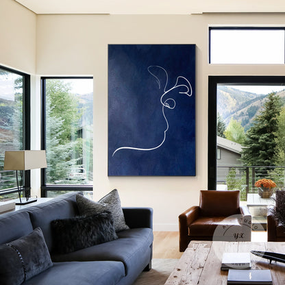 Navy Blue Picasso Kiss Line Art: Minimalist Framed Canvas Painting #5