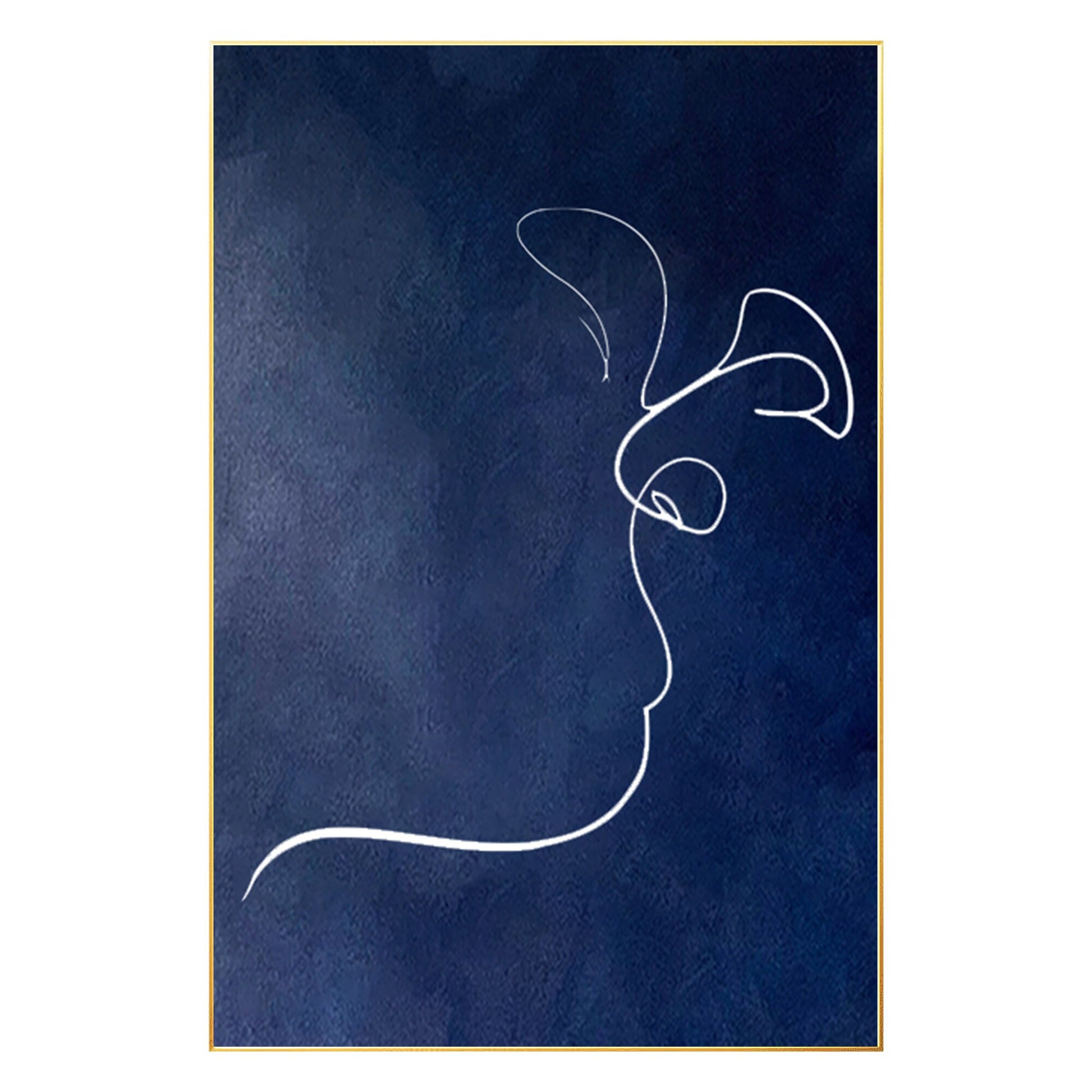 Navy Blue Picasso Kiss Line Art: Minimalist Framed Canvas Painting #8