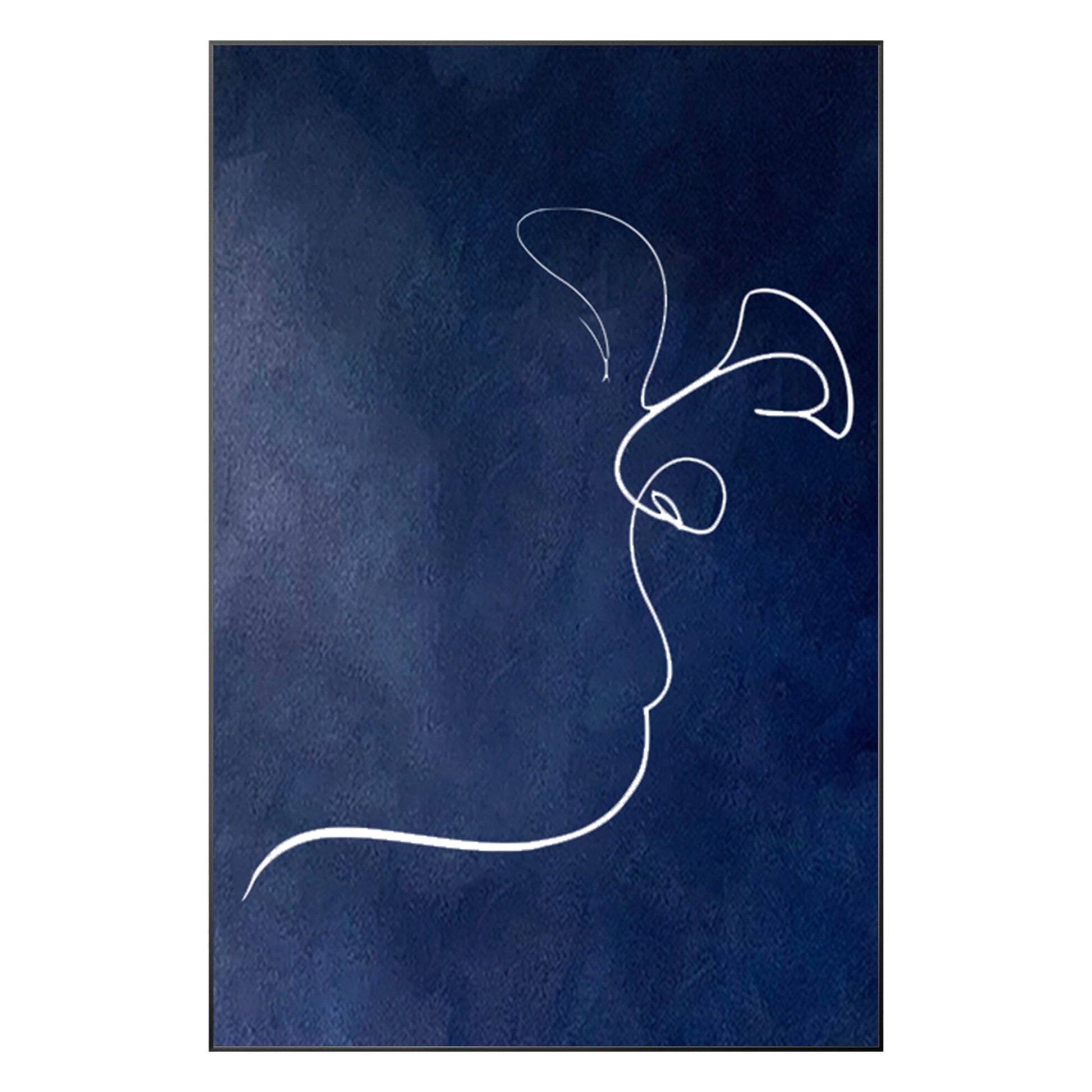 Navy Blue Picasso Kiss Line Art: Minimalist Framed Canvas Painting #10