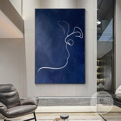 Navy Blue Picasso Kiss Line Art: Minimalist Framed Canvas Painting #1
