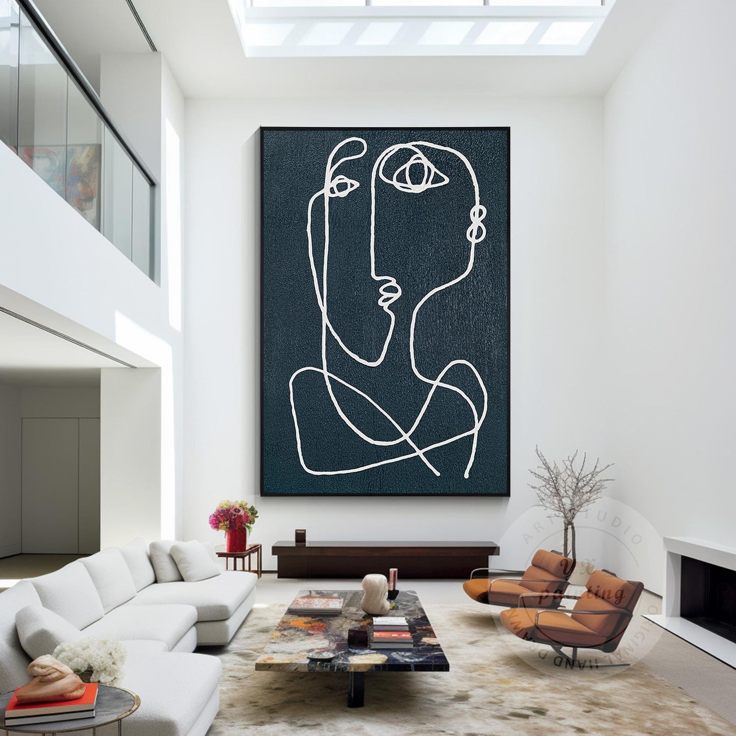 Navy Blue Picasso Line Art: Minimalist Painting on Canvas #2