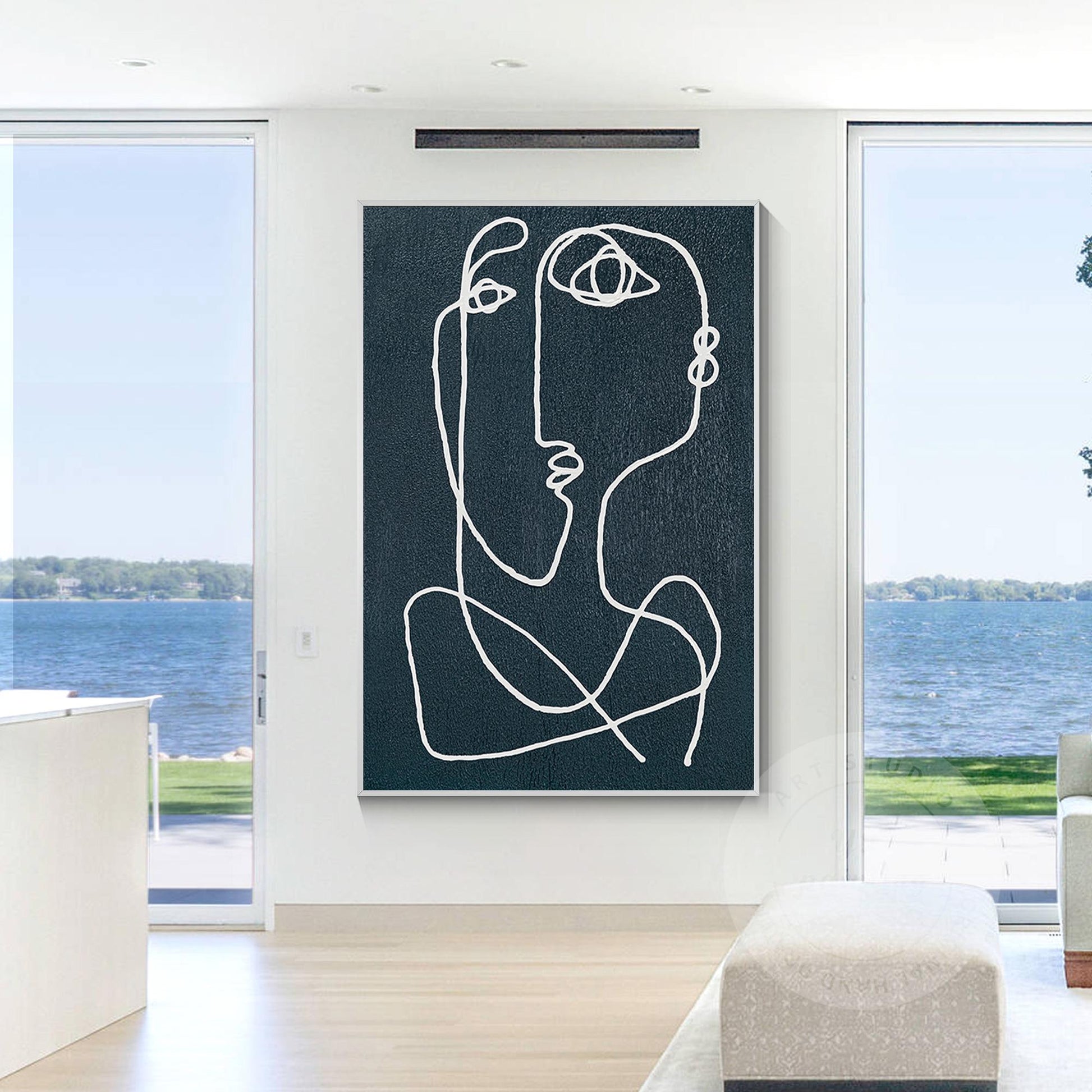 Navy Blue Picasso Line Art: Minimalist Painting on Canvas #3