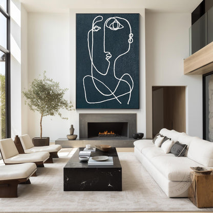 Navy Blue Picasso Line Art: Minimalist Painting on Canvas #4
