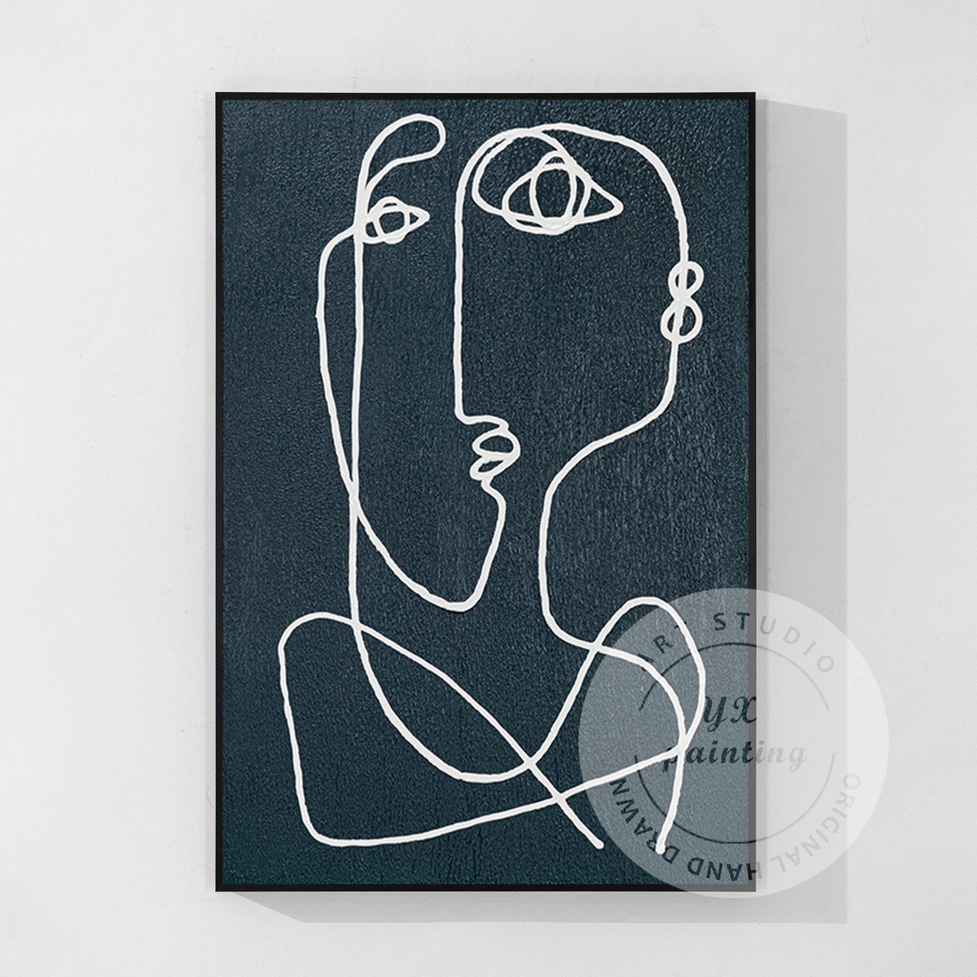 Navy Blue Picasso Line Art: Minimalist Painting on Canvas #7