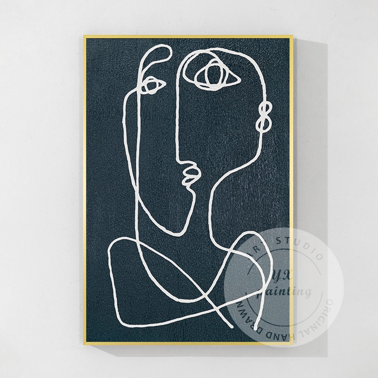 Navy Blue Picasso Line Art: Minimalist Painting on Canvas #8