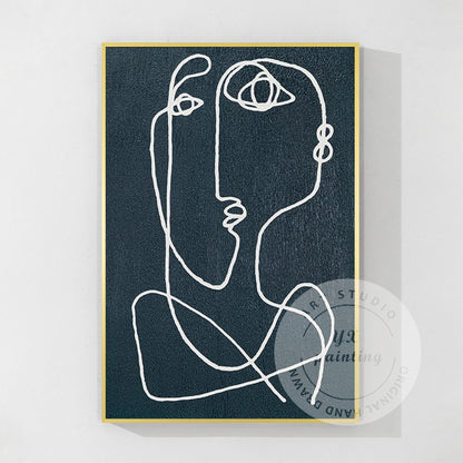 Navy Blue Picasso Line Art: Minimalist Painting on Canvas #8