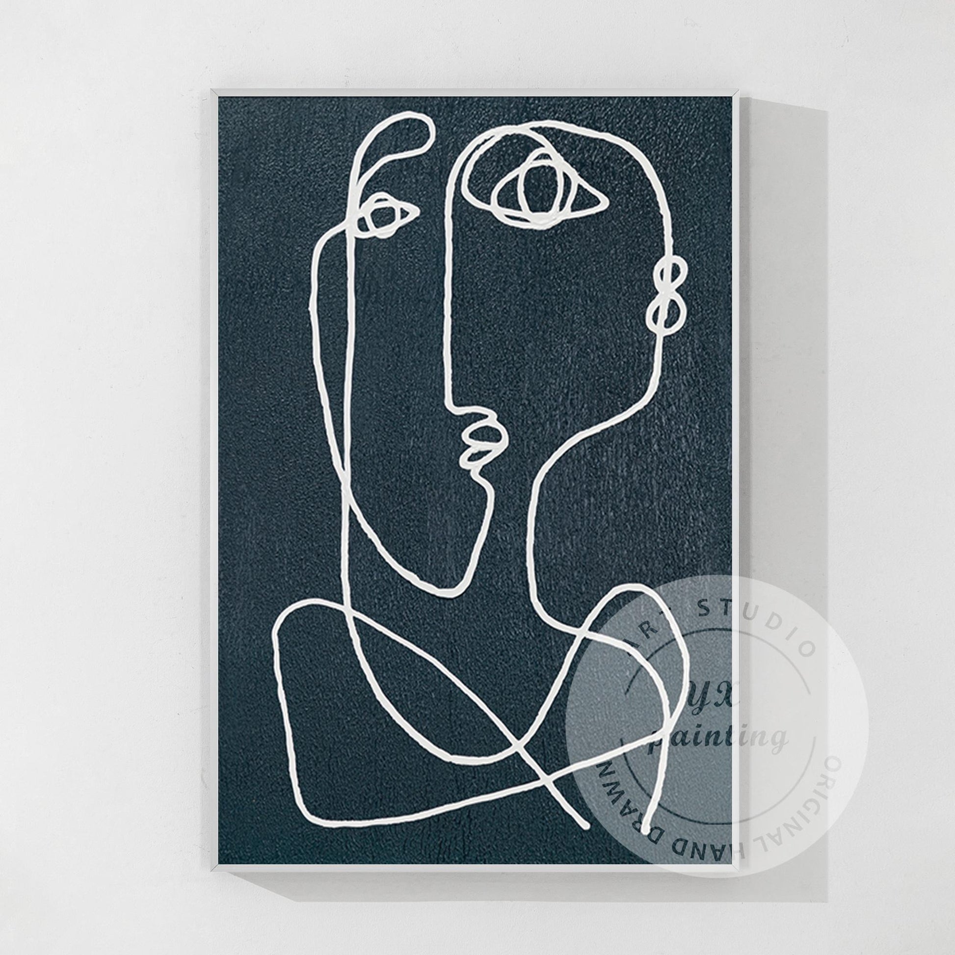 Navy Blue Picasso Line Art: Minimalist Painting on Canvas #9