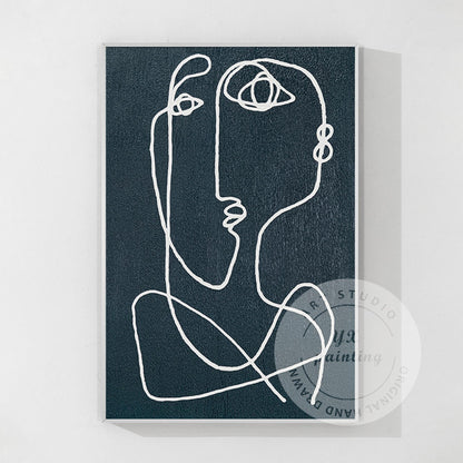 Navy Blue Picasso Line Art: Minimalist Painting on Canvas #9
