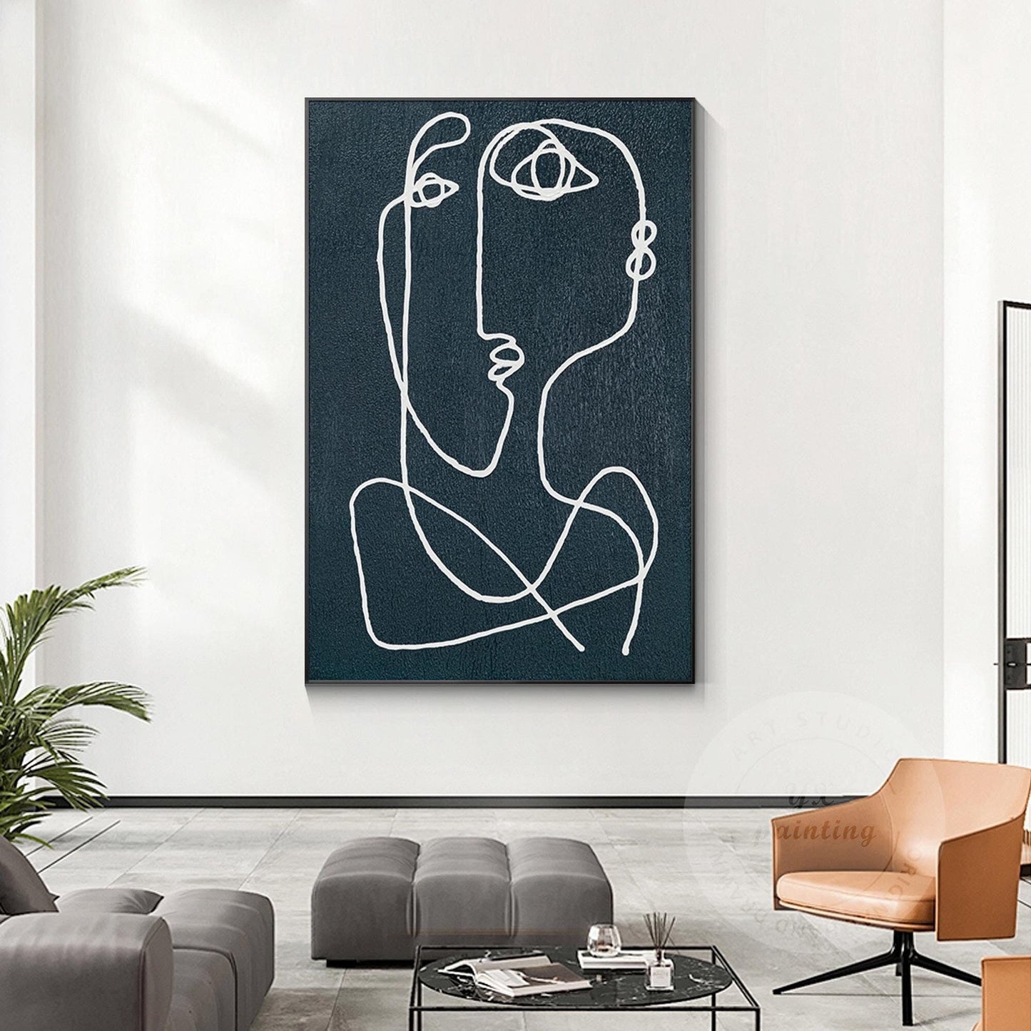 Navy Blue Picasso Line Art: Minimalist Painting on Canvas #1
