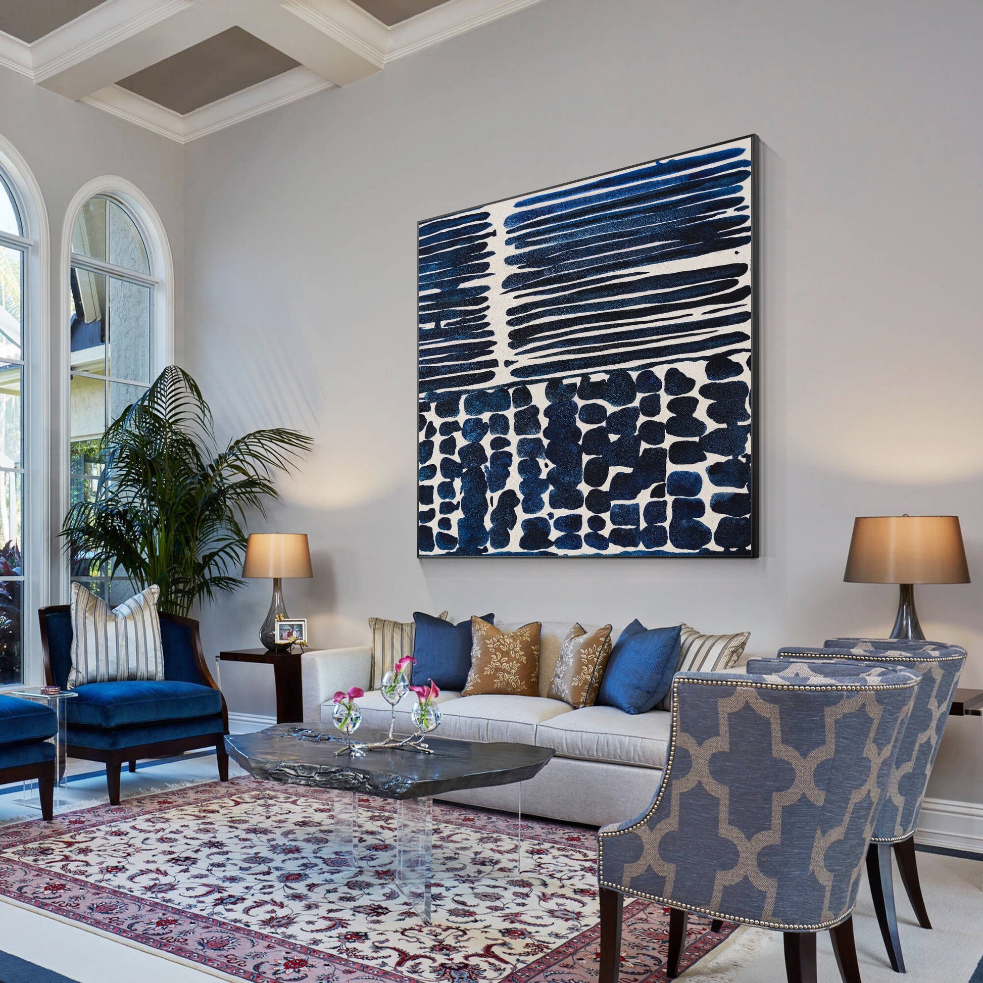 Navy Blue Textured Abstract Painting: Large Square Framed Canvas Art #4