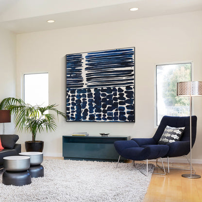 Navy Blue Textured Abstract Painting: Large Square Framed Canvas Art #6