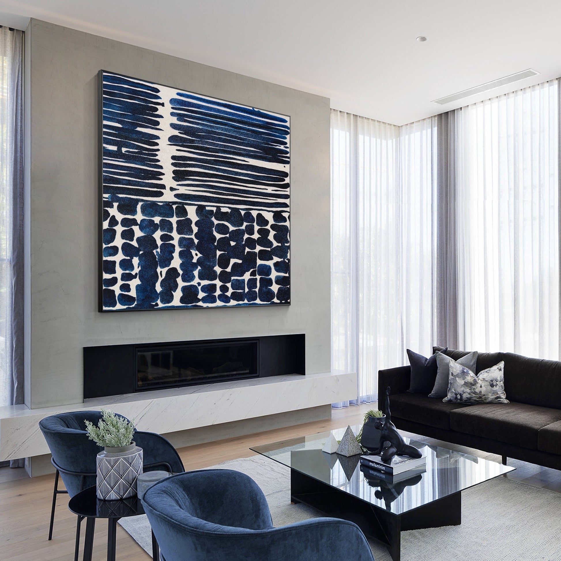 Navy Blue Textured Abstract Painting: Large Square Framed Canvas Art #1