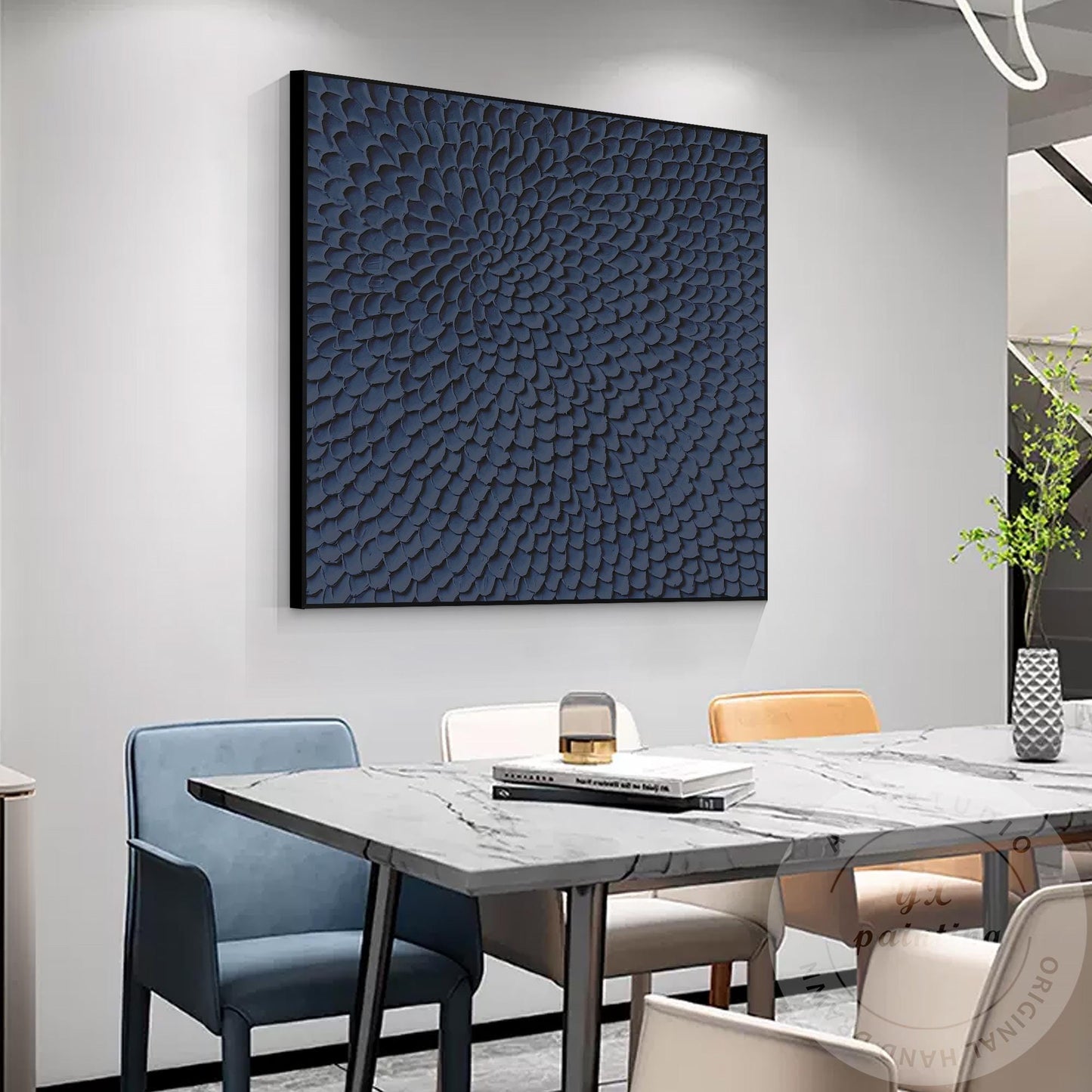 Navy Blue Textured Abstract Wall Art, Modern Sculptural Canvas Painting, Radial  #2