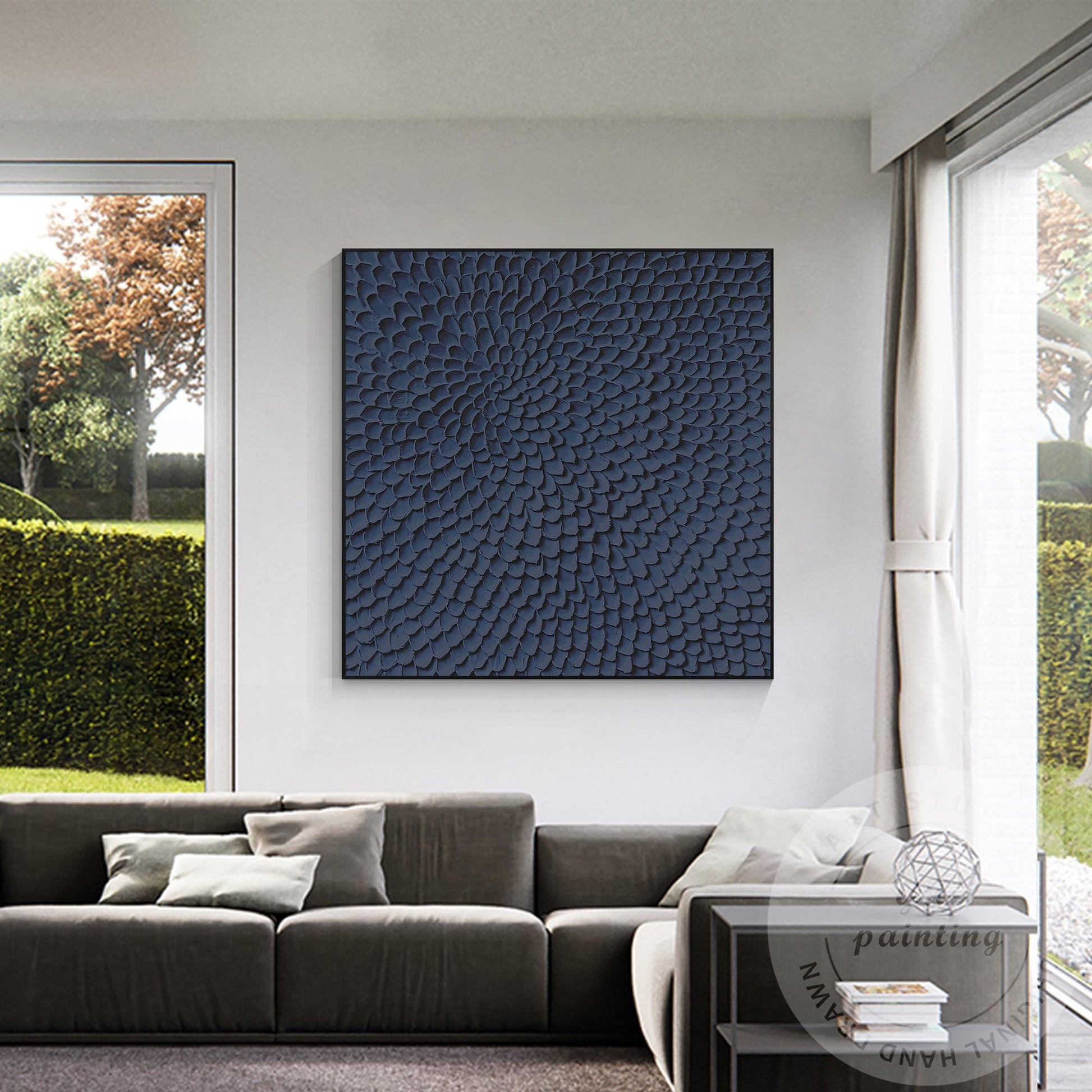 Navy Blue Textured Abstract Wall Art, Modern Sculptural Canvas Painting, Radial  #3